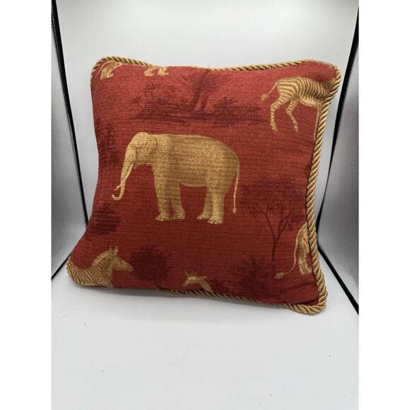 Safari Elephant Zebra Giraffe Throw Pillow Red Gold Rope Trim 14x14 - Picture 1 of 3